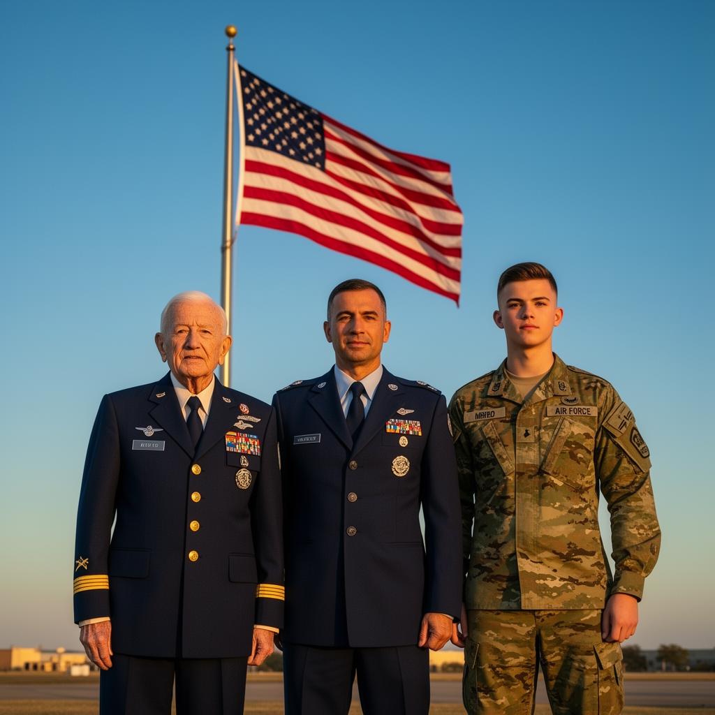 Family on porch with American flag