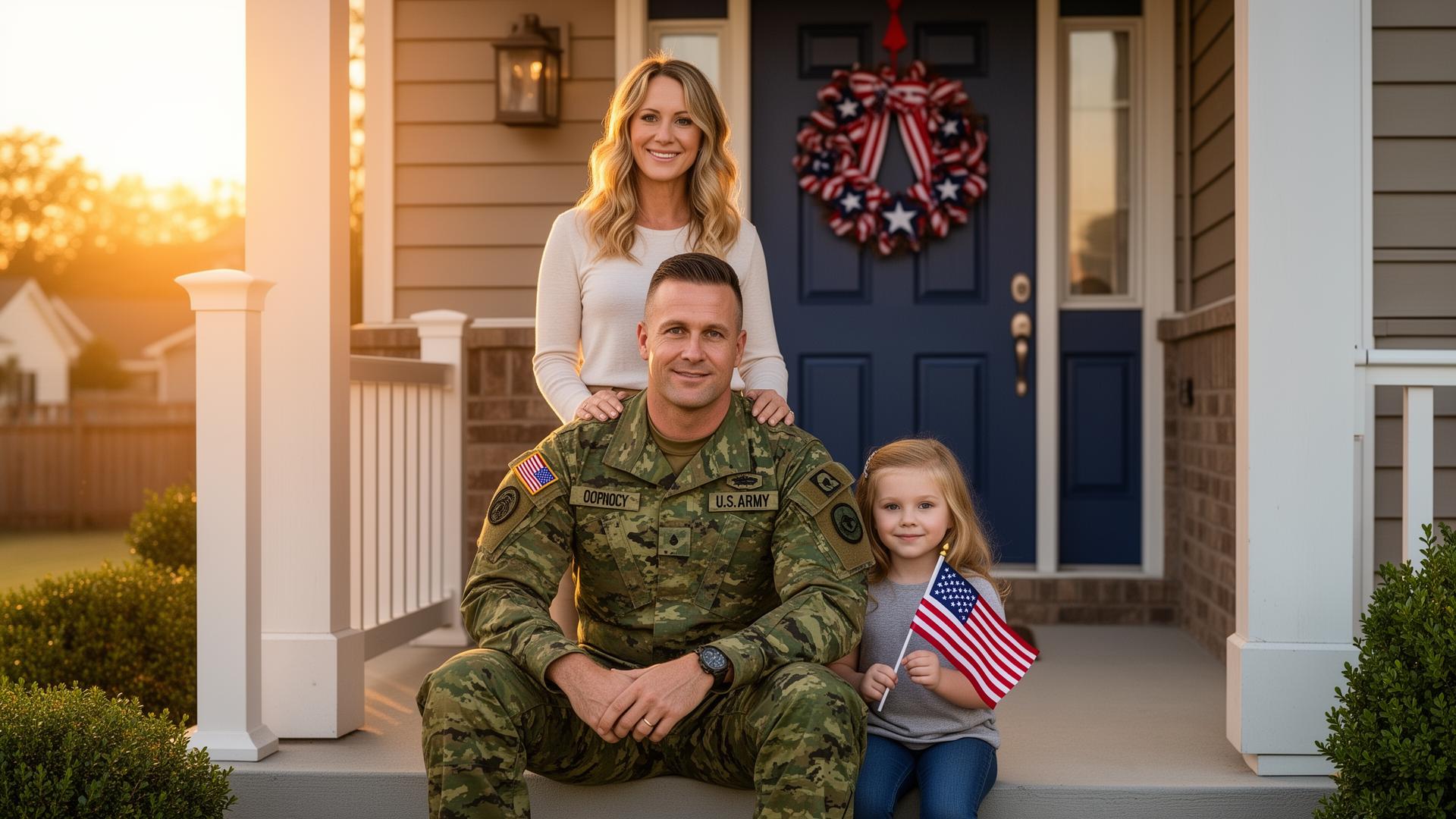 African American military veteran father sitting proudly on the front porch with his family, his young daughter holding a small American flag
