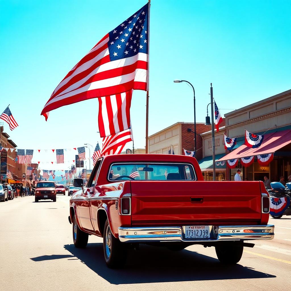 American pickup truck at sunset with flag